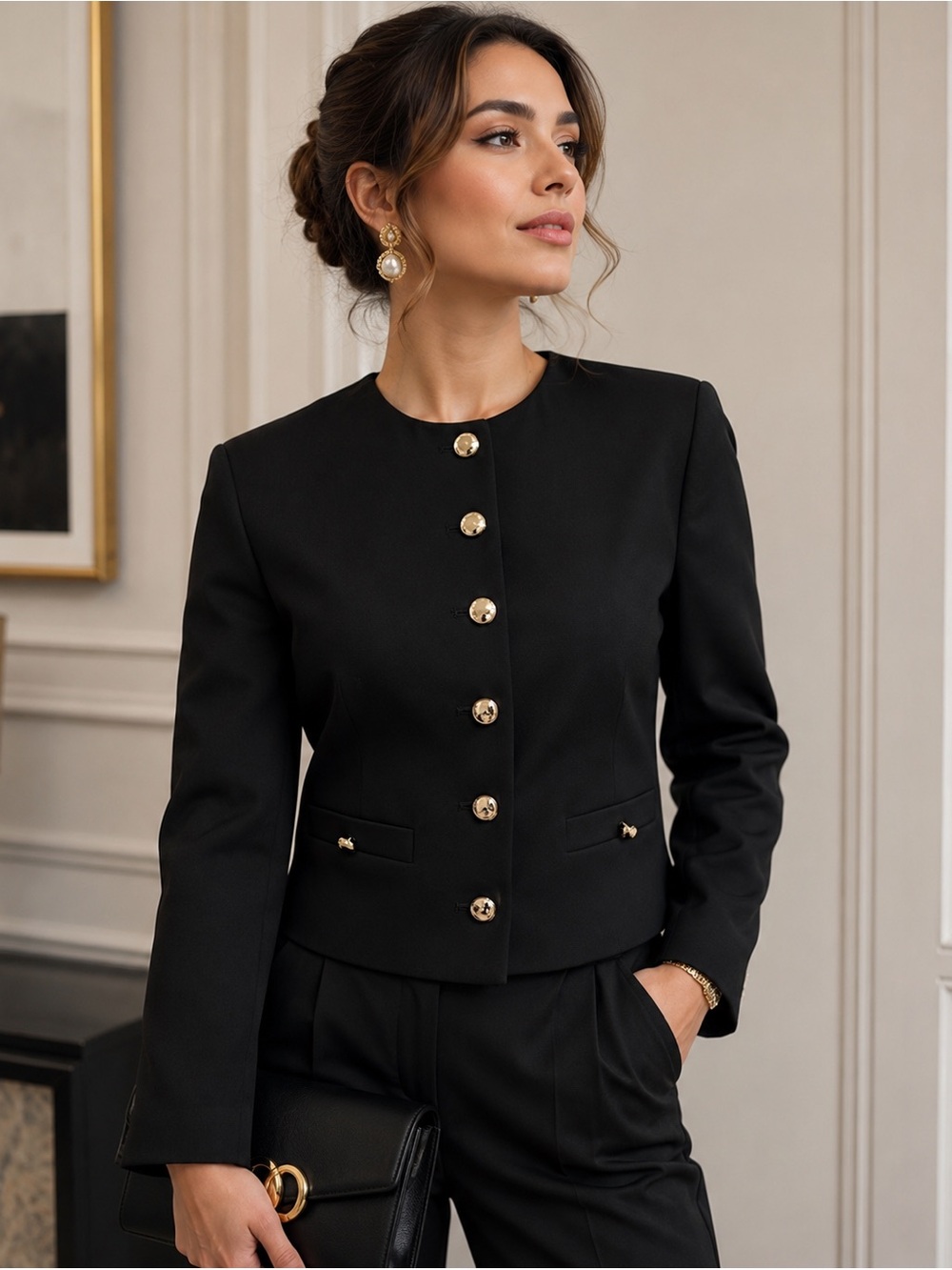 H&M Black Cropped Button-Front Blazer with Gold Buttons